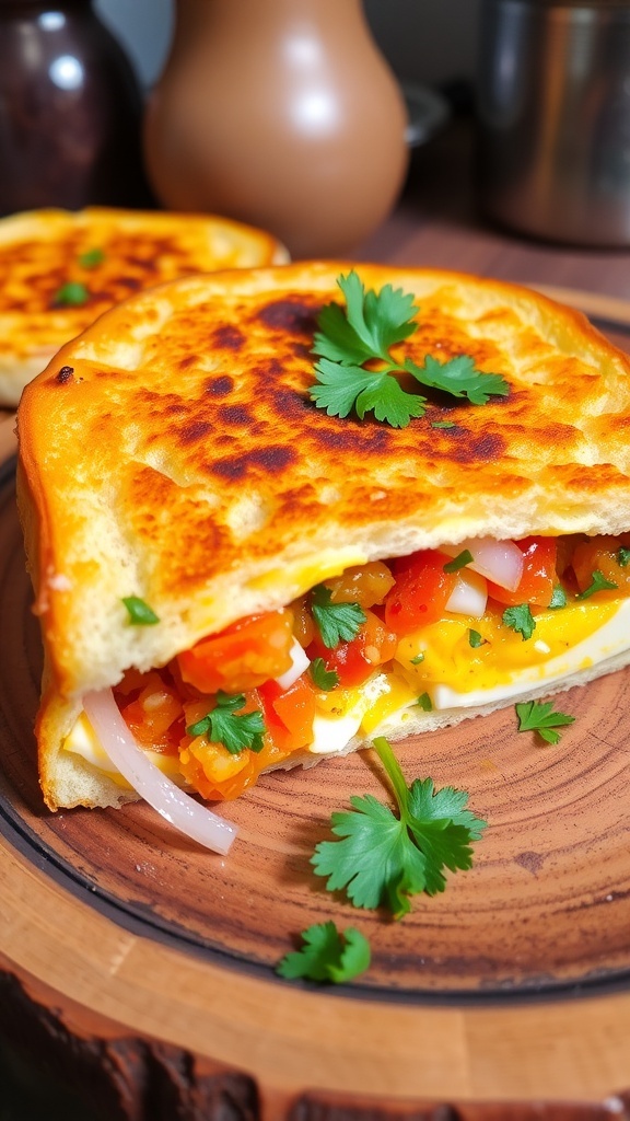 Toasted Indian egg sandwich with boiled egg filling, garnished with coriander, served with green chutney.